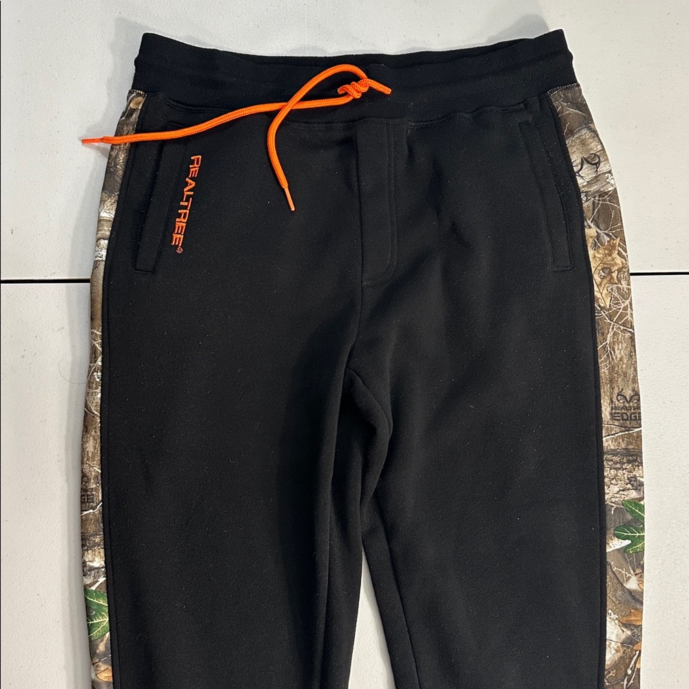Realtree Black Sweatpants with Orange Drawstring and Camo Side Panels
